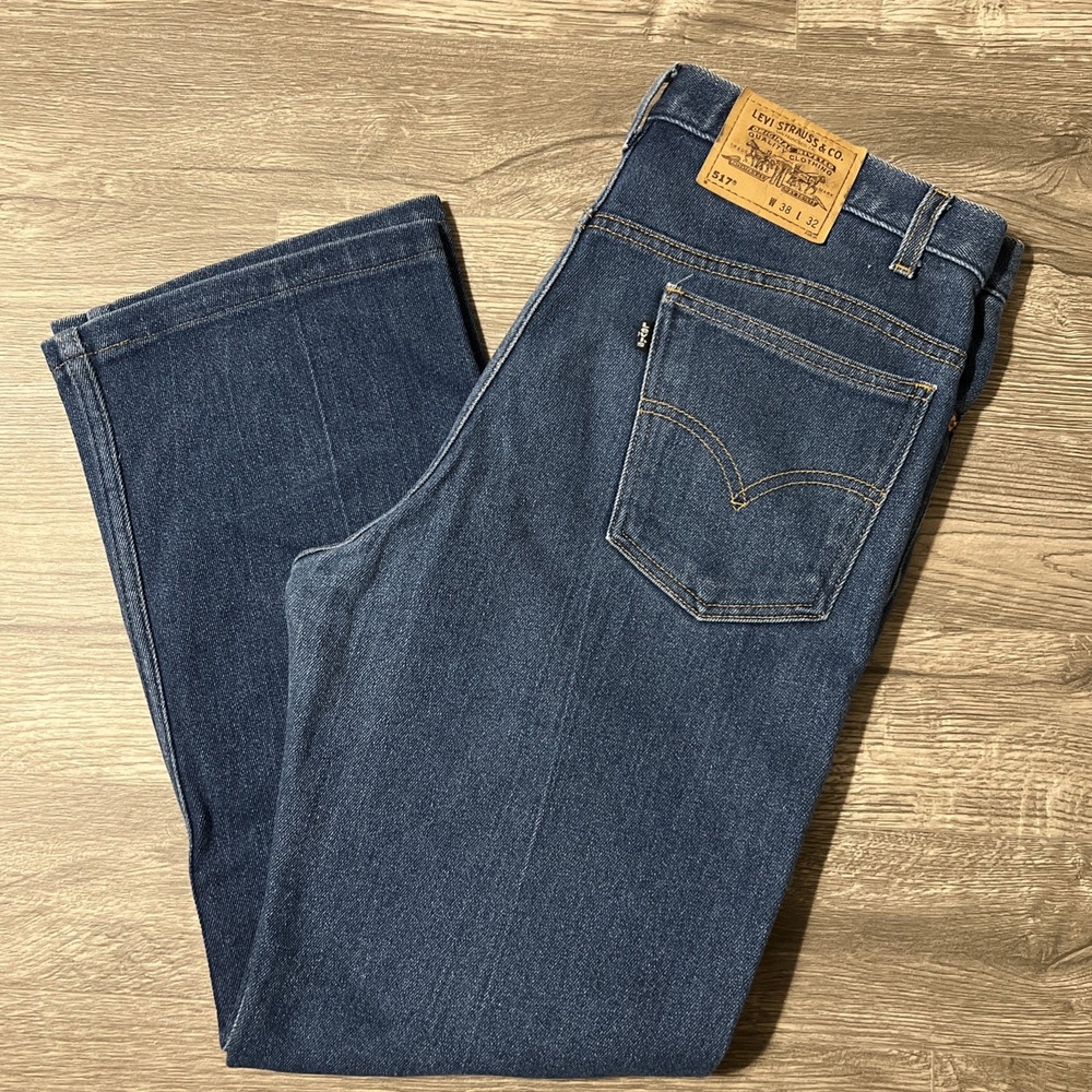 Levi's 517 Black Tab Boot Cut Dark Wash Poly Blend Blue Jeans Size 38x32 (38x29) - Picture 4 of 15